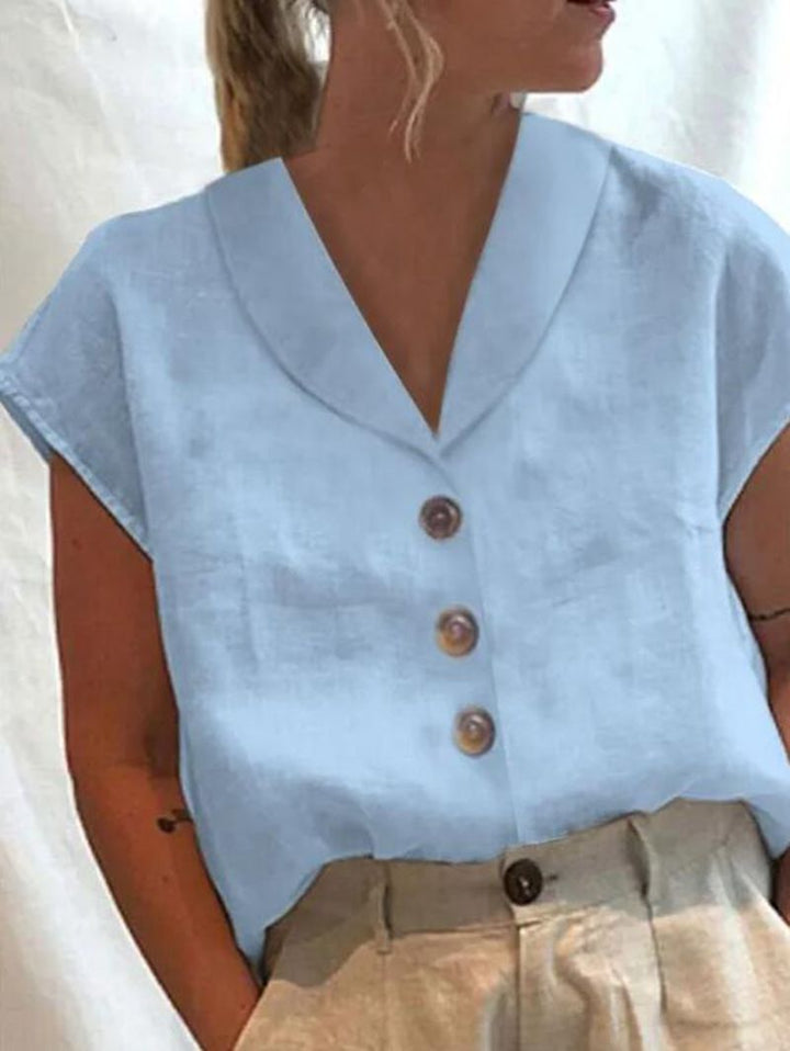Damen nan luftige Leinenbluse mit weitem V-Kragen, überschnittener Schulter und Zierknopfleiste Drune