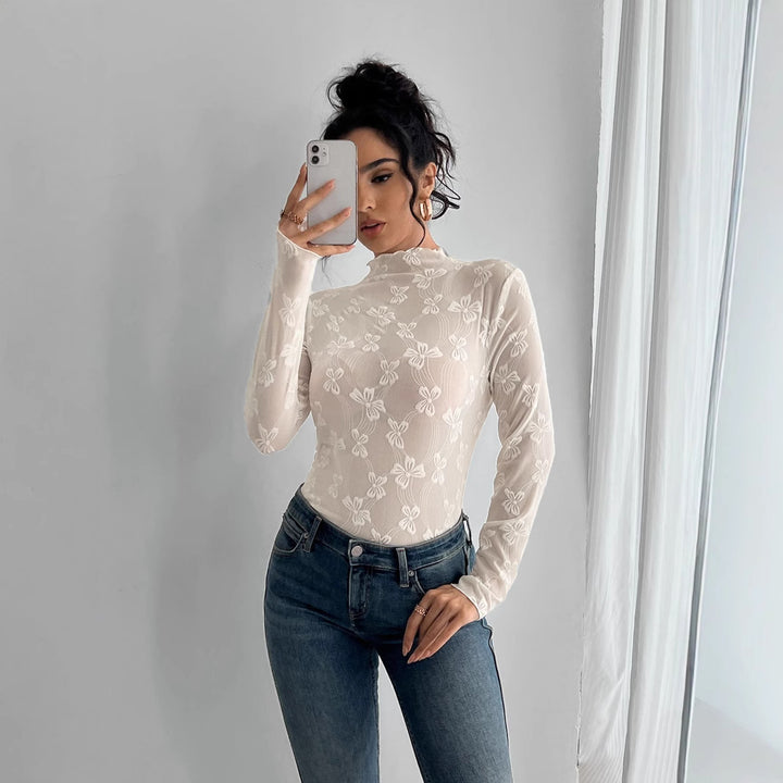 Damen nan figurbetontes durchsichtiges Langarmtop aus Netzstoff mit floraler Stickerei und Stehkragen Drune