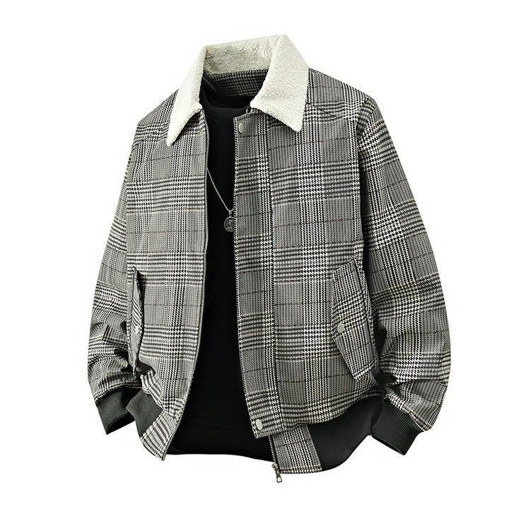 Herren kariertes Bomber-Übergangsjacke mit Teddykragen & gerippten Bündchen Drune