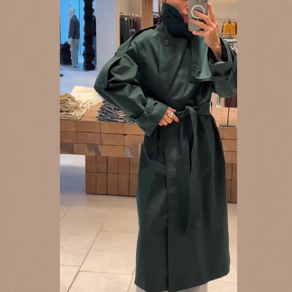 Damen Langer wasserabweisender Trenchcoat mit Taillengürtel und hohem Stehkragen Drune