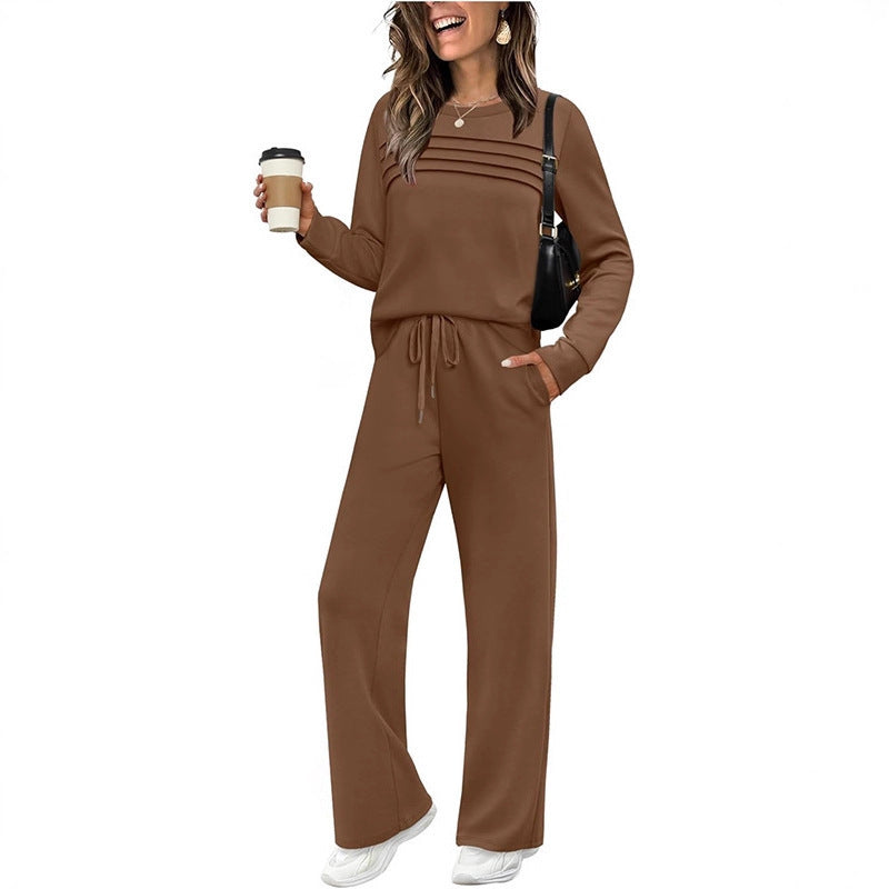 Damen Zweiteiliges Lounge-Set mit Plissee-Detail, Rundhals-Sweatshirt und weitem Kordel-Hose Drune