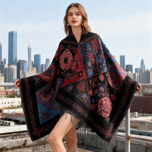 Damen Jacquard-Poncho mit Boho-Patchwork-Muster und Fransensaum Drune