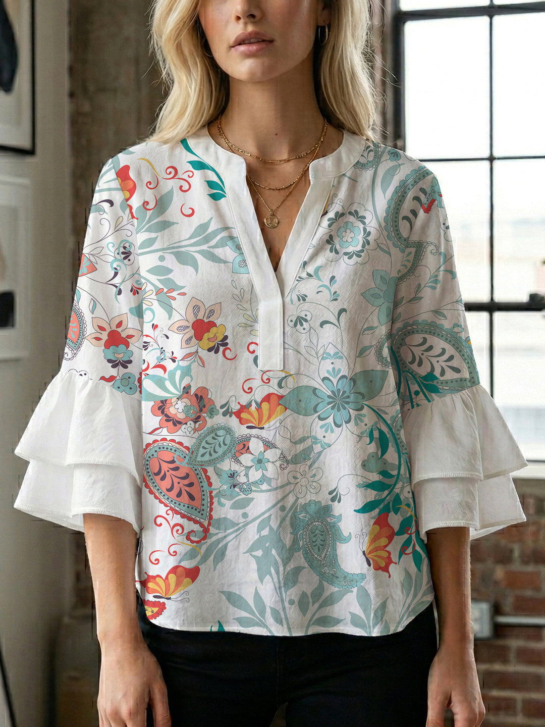 Damen elegantes Oberteil mit voluminösen Rüschensäumen und floralem Design Drune