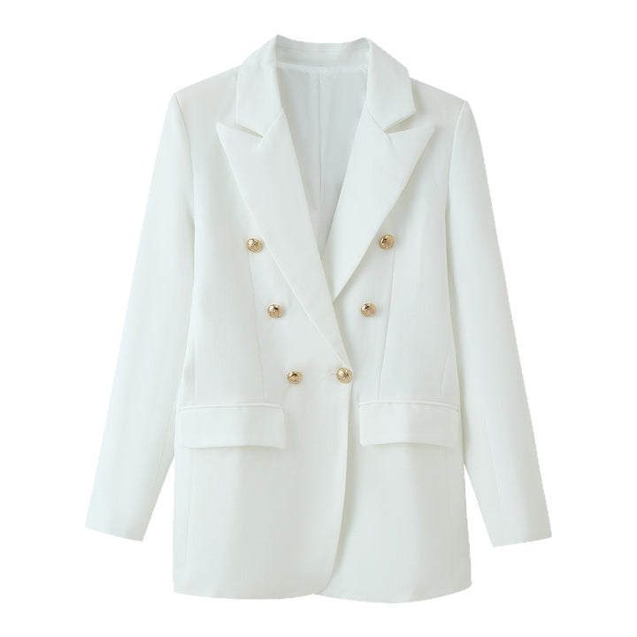 Damen Doppelreihiger Longline-Blazer mit Schalkragen und goldenen Zierknöpfen Drune