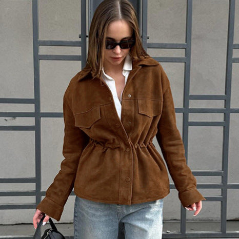 Damen Modische Suede-Jacke mit Taillierung und praktischen Pattentaschen Drune