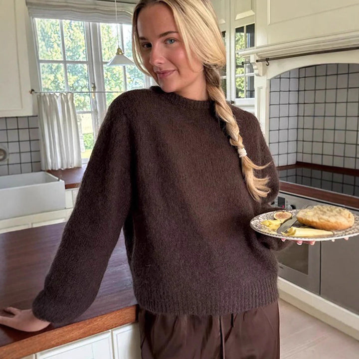 Damen Flauschiger Rundhals-Pullover mit Ballonärmeln und kastiger Silhouette Drune