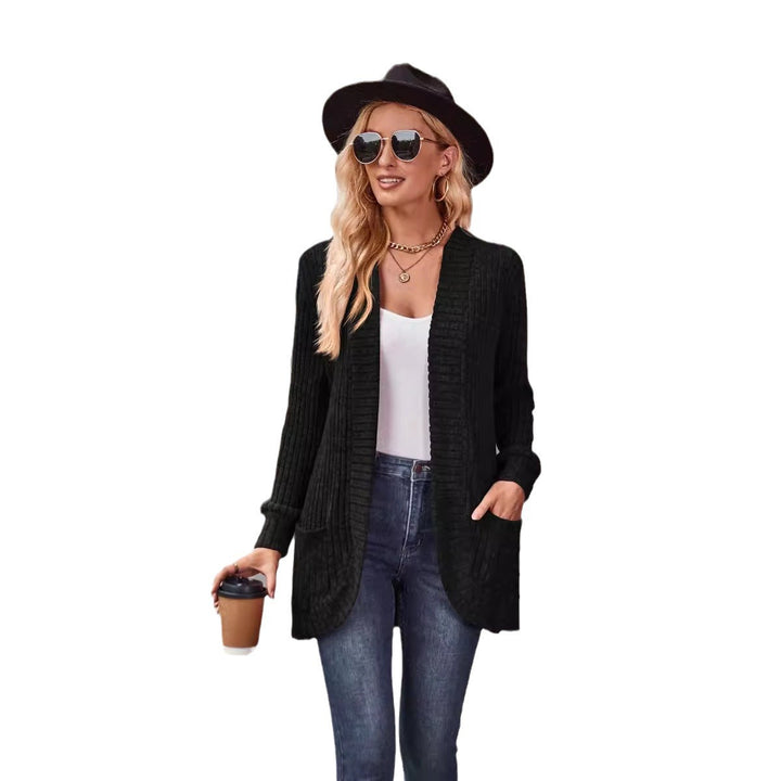 Damen nan langer gerippter Cardigan mit aufgesetzten Taschen und offener Front Drune