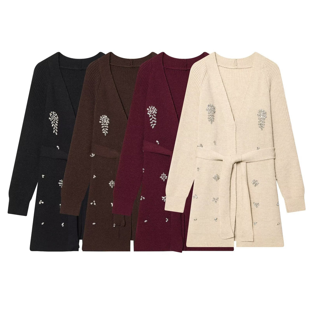 Damen Longcardigan mit Bindegürtel und Schmuckstein‑Applikation Drune