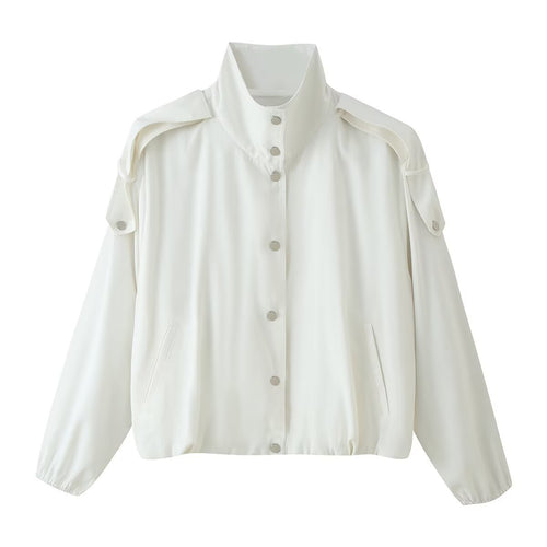 Damen Cropped Windbreaker‑Jacke mit hohem Funnelkragen, Druckknopffront und abnehmbaren Schulterklappen Drune