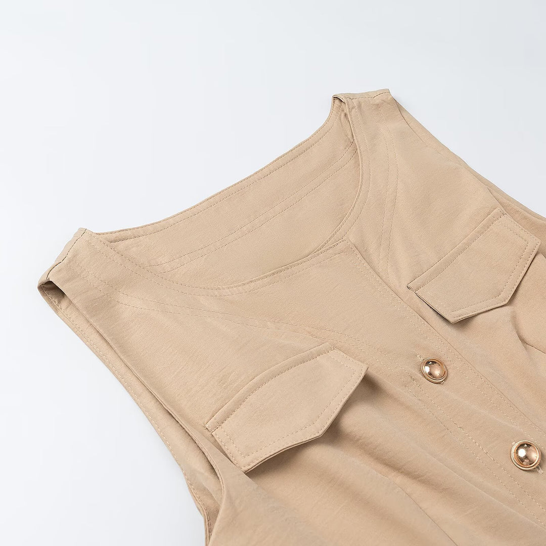 Damen Ärmelloses Hemdblusenkleid mit weitem A‑Linien‑Rock und Ziergürtel Drune