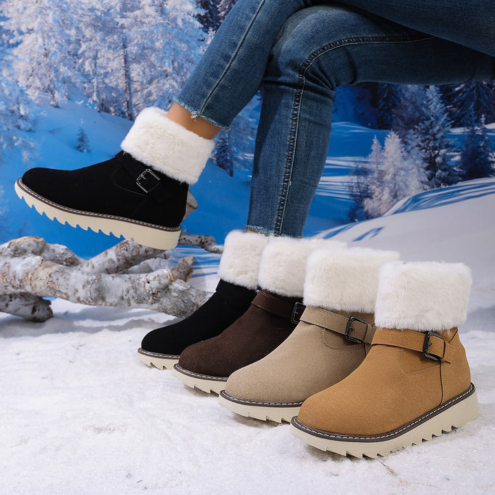 Damen Gefütterte Kurzstiefelette mit Kunstfellkragen, Velours‑Optik und Zierschnalle Drune