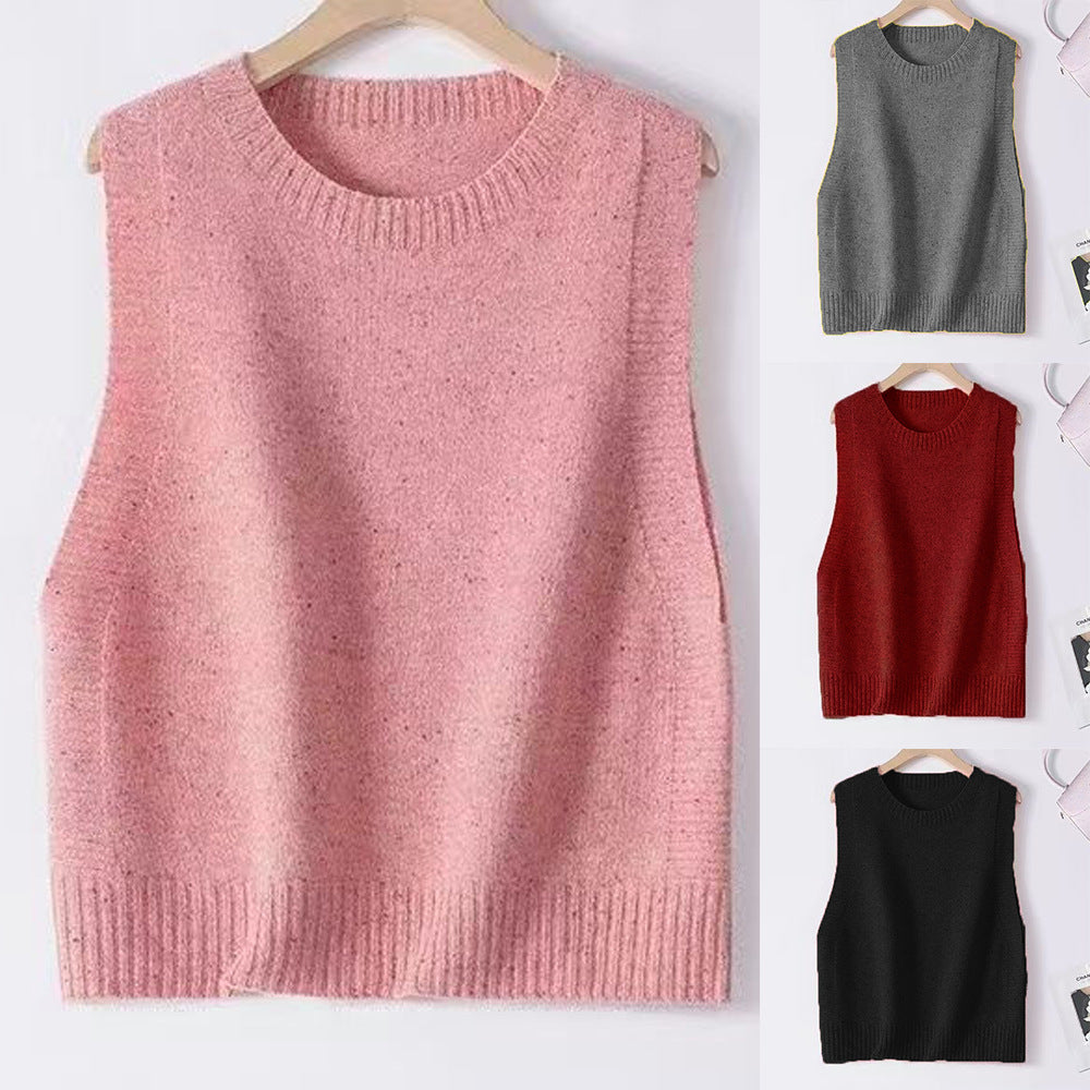 Damen Gestrickte Oversize-Ärmellose Weste mit Rundhalsausschnitt und Rippbündchen Drune
