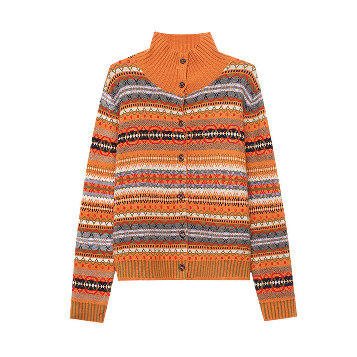 Damen kuschelige Strickjacke mit buntem Muster und Knopfdetails Drune