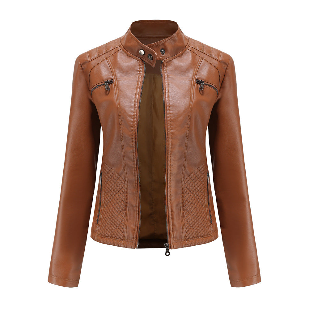 Damen nan taillierte Bikerjacke aus Kunstleder mit Stepppaneelen und Stehkragen Drune