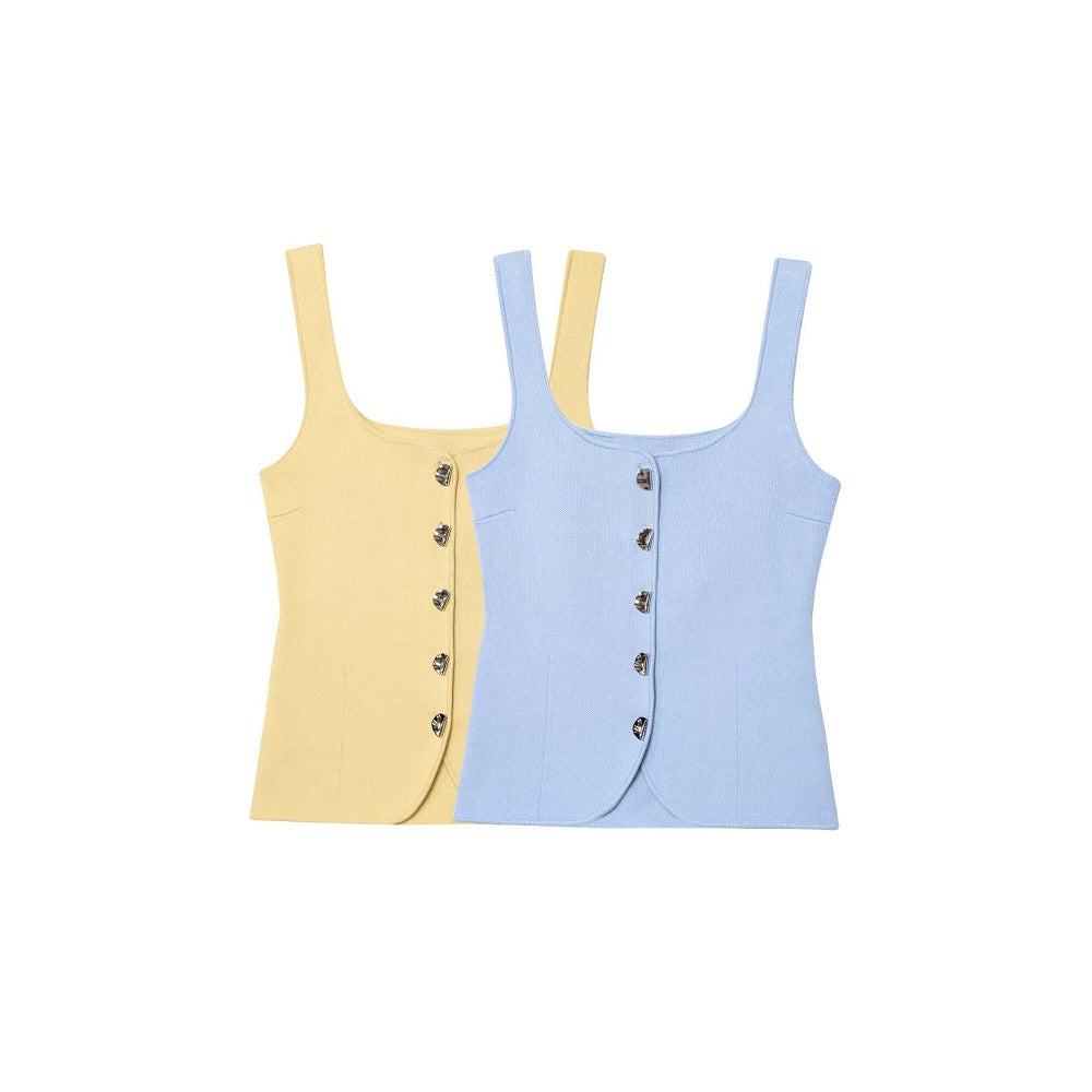 Femme Quadrat-Ausschnitt Knopf-Oben Tank Top Drune