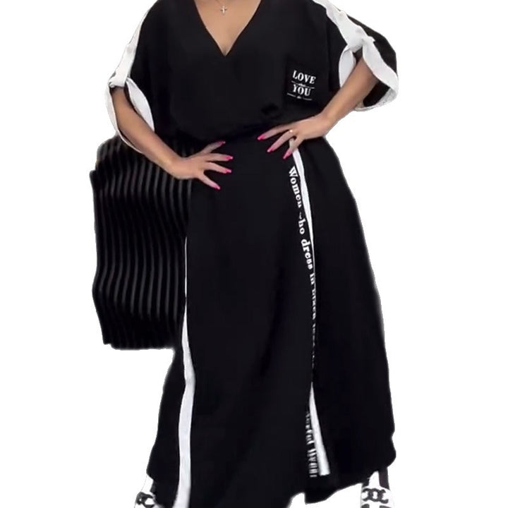 Damen nan sportlich-elegantes Maxikleid mit V-Ausschnitt, Taillengürtel, Kontrastseitenband und Brusttasche Drune
