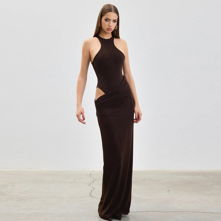 Damen Maxikleid mit elegantem Wickeldesign und hohem Kragen Drune
