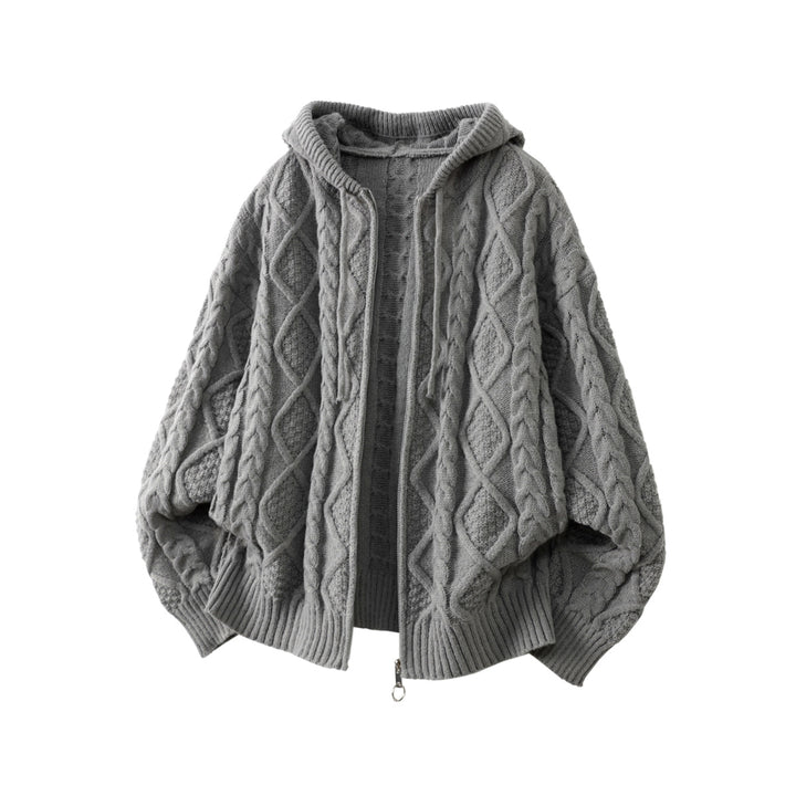 Damen Oversize Kapuzencardigan mit Zopfmuster und Frontreißverschluss Drune