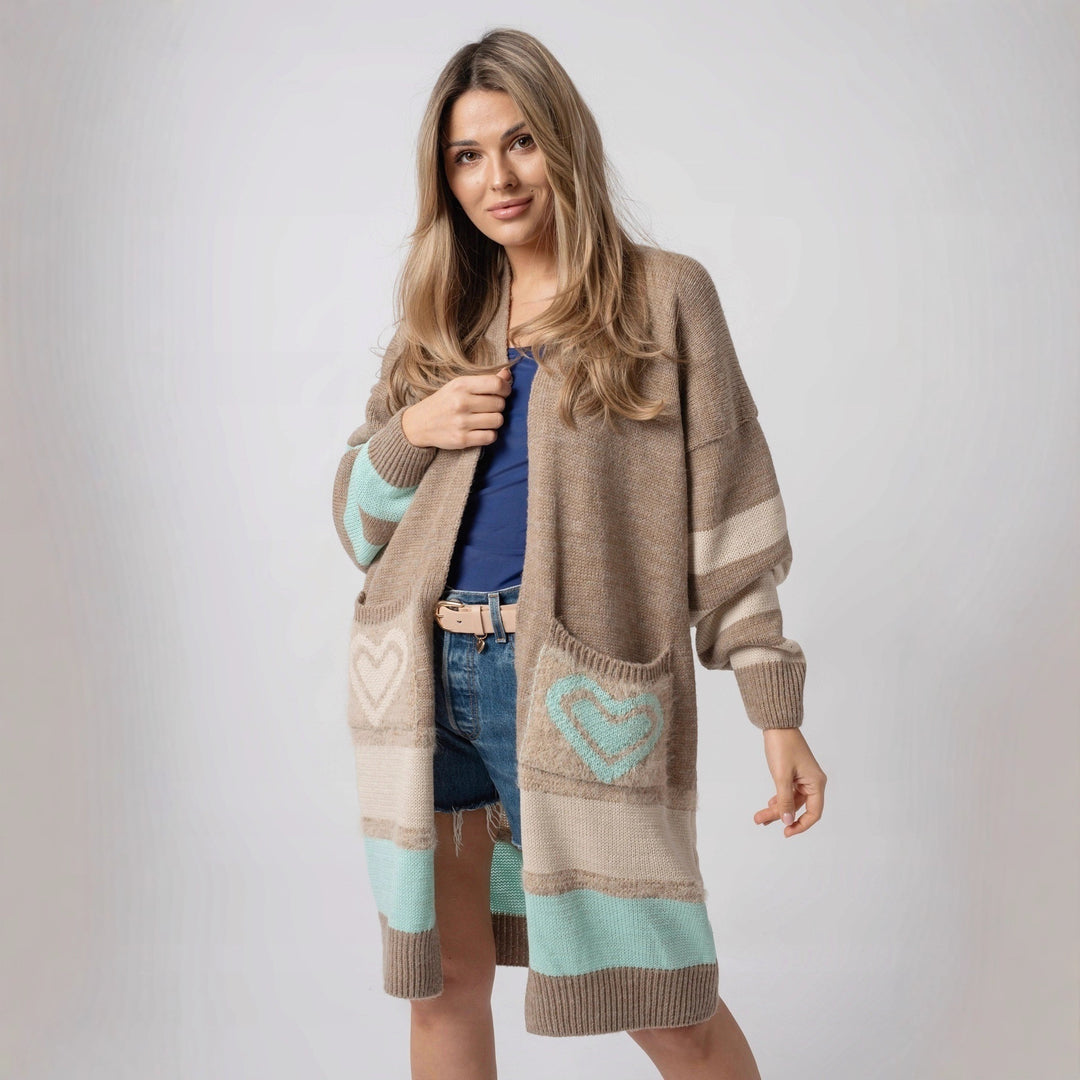 Damen Langärmliger Strickcardigan mit herzförmigen Taschen und modernem Farbblocking Drune