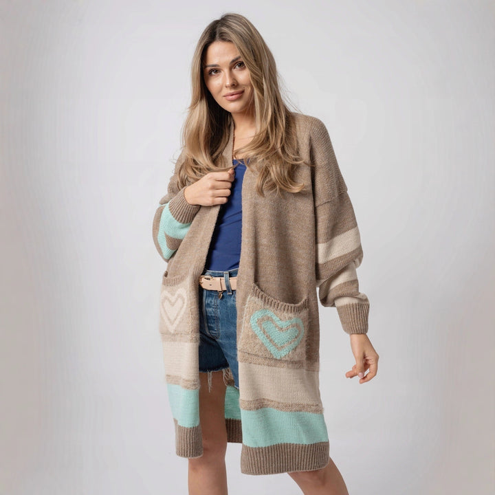 Damen Langärmliger Strickcardigan mit herzförmigen Taschen und modernem Farbblocking Drune
