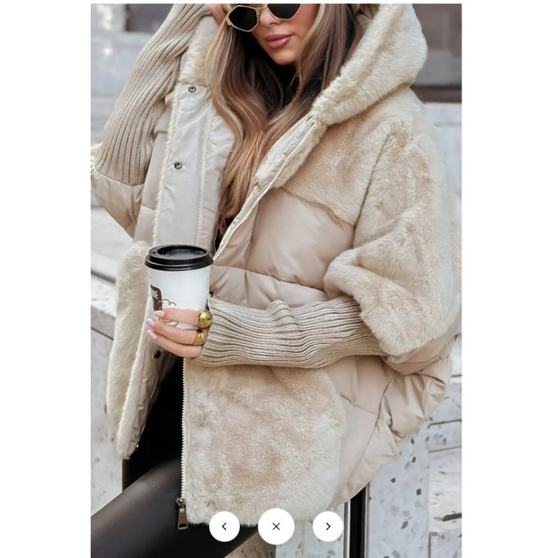 Damen nan gesteppte Kurzjacke mit Teddyfell-Einsätzen, Kapuze und integrierten Rippbündchen Drune
