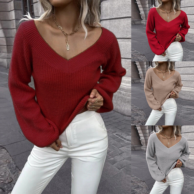 Damen Strickpullover mit V-Ausschnitt und weitem Ärmel Drune