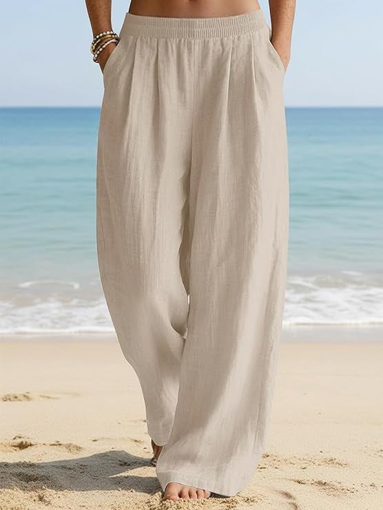 Damen Weite Leinenhose mit elastischem Bund und seitlichen Eingrifftaschen Drune