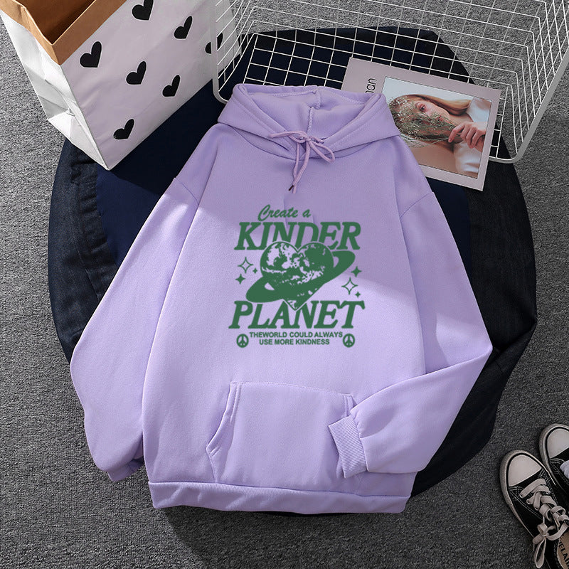 Unisex nan oversized Kapuzenpullover mit Statement-Print "Kinder Planet", Kängurutasche und weichem Futter Drune