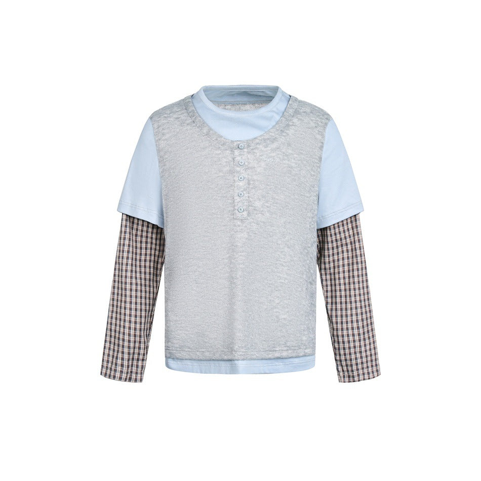 Unisex Lagenlook-Henley-Shirt mit kontrastierenden Karomanschetten und kurzem Overshirt-Effekt Drune