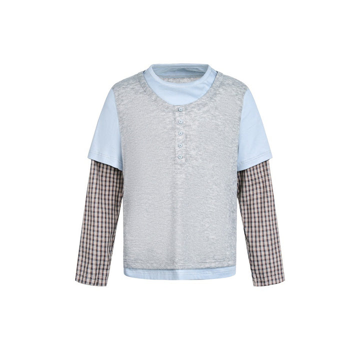 Unisex Lagenlook-Henley-Shirt mit kontrastierenden Karomanschetten und kurzem Overshirt-Effekt Drune