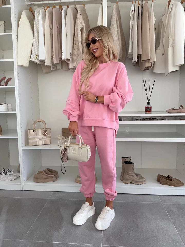 Damen Oversized Loungewear-Set aus weich angerautem Sweat mit Kordelzug-Jogginghose und relaxed Pullover Drune