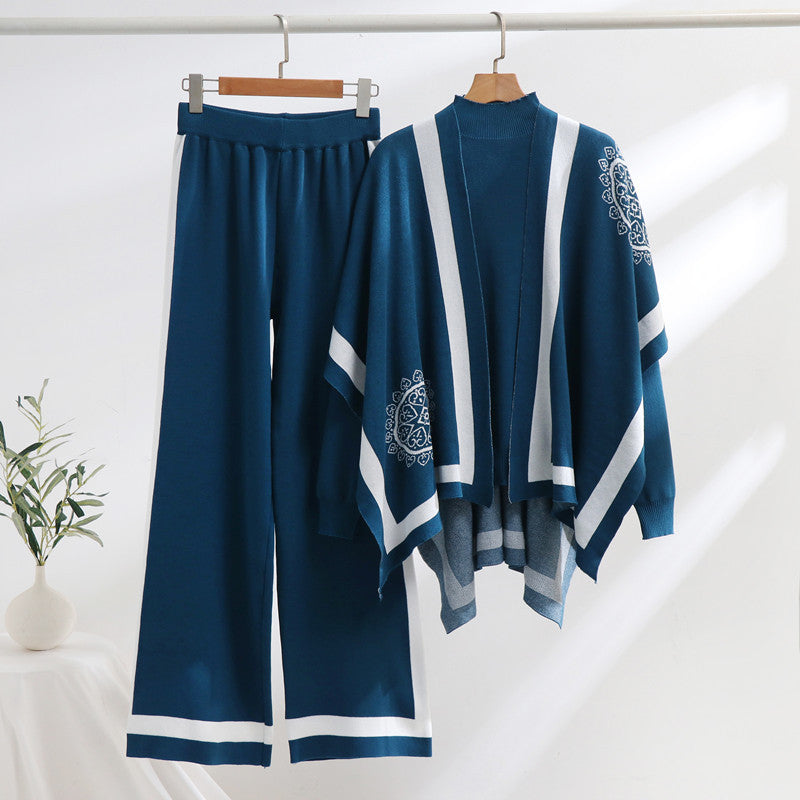 Damen elegantes Strick-Loungewear-Set mit grafischem Muster und weiten Ärmeln Drune