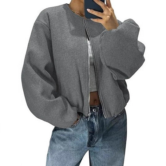 Damen Kurzjacke mit durchgehendem Reißverschluss, Ballonärmeln und elastischem Saum Drune