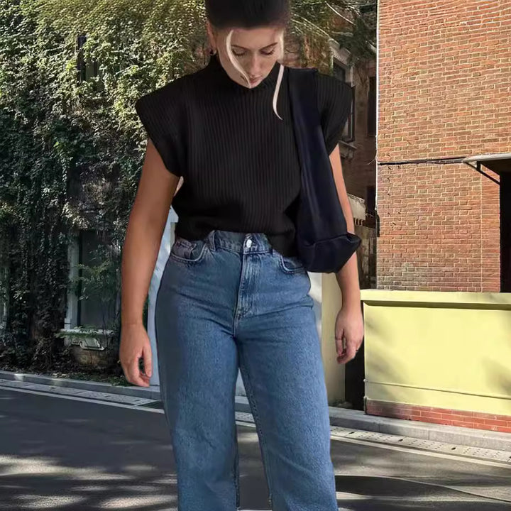 Damen Stricktop mit Stehkragen und Puffärmeln Drune