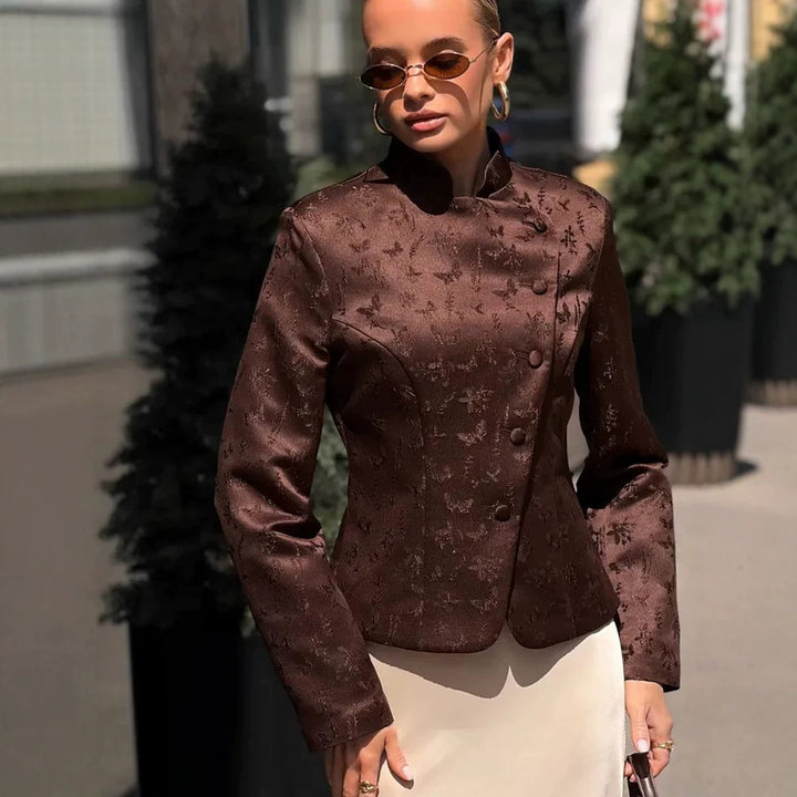 Damen Taillierter Jacquard-Blazer mit überlappendem Revers und dekorativen Knöpfen Drune
