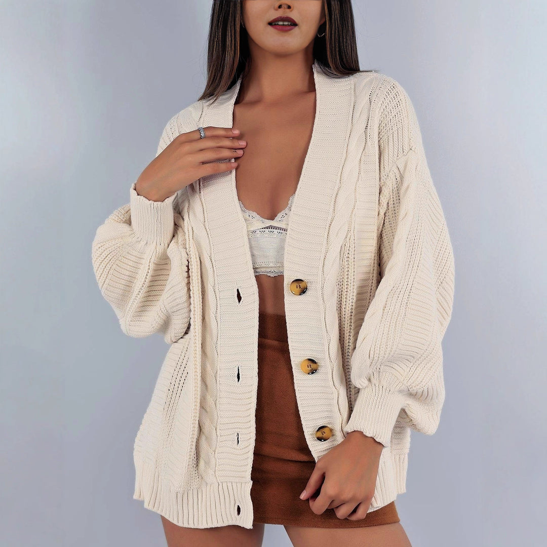 Damen Grobstrick-Cardigan mit großen Knopfdetails und voluminösen Ärmeln Drune
