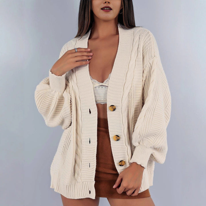Damen Grobstrick-Cardigan mit großen Knopfdetails und voluminösen Ärmeln Drune