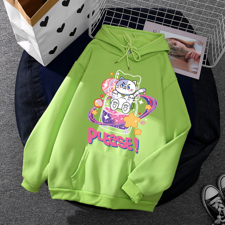 Damen nan oversized Kapuzenpullover im Streetstyle mit weichem Fleece-Innenfutter, Kängurutasche und farbenfrohem Cartoon-Katzen-Planet-Print Drune
