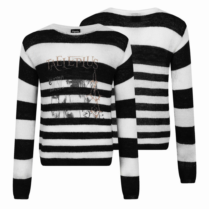 Unisex Gestreifter leichter Mohair‑Mix Rundhalspullover mit Vintage‑Motiv Drune