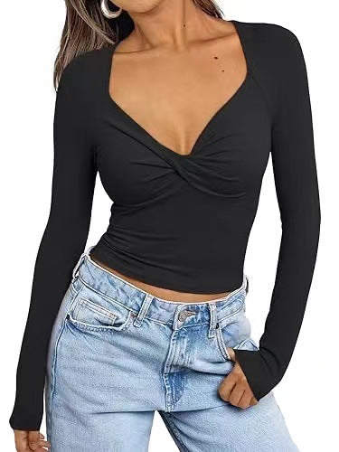 Damen Enganliegendes Langarm-Top mit tiefem V‑Ausschnitt und Twist‑Detail Drune