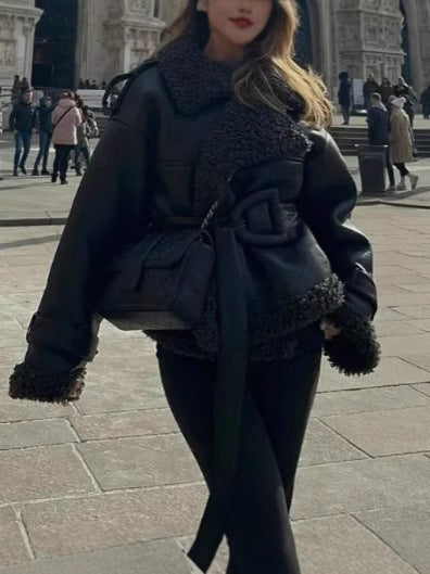 Damen Oversized Kunstlederjacke mit kuscheligem Futter Drune