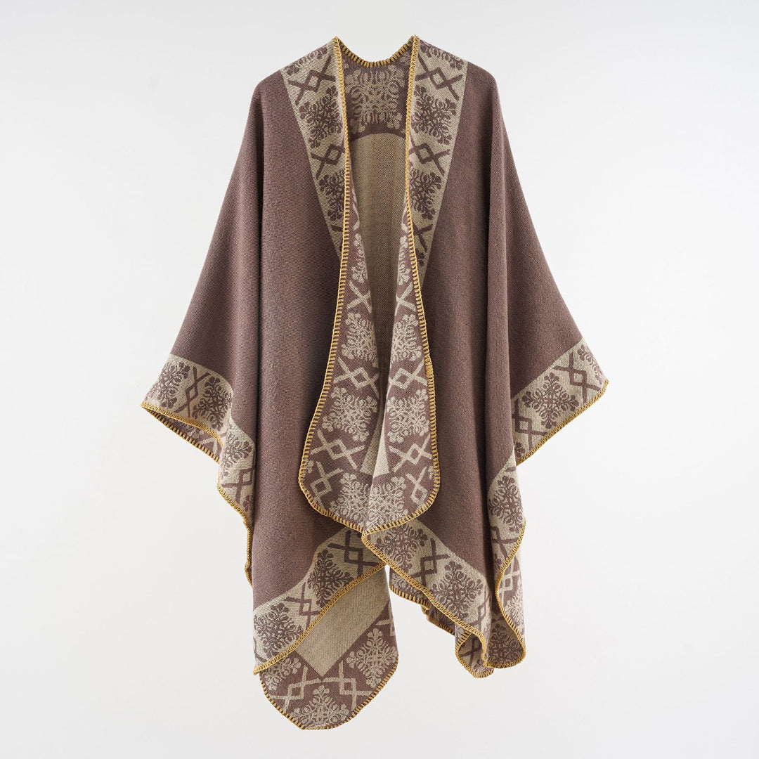 Damen Oversize-Umhangponcho aus Wollmix mit gewebter Bordüren-Jacquard und Zierkettelnaht Drune