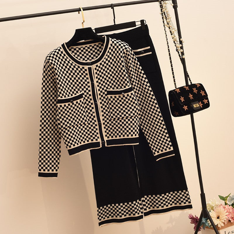 Damen Karomuster Strickensemble mit praktischen Taschen Drune