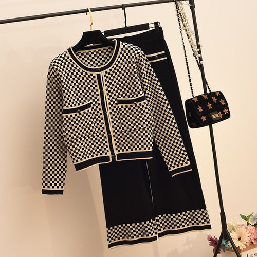 Damen Karomuster Strickensemble mit praktischen Taschen Drune