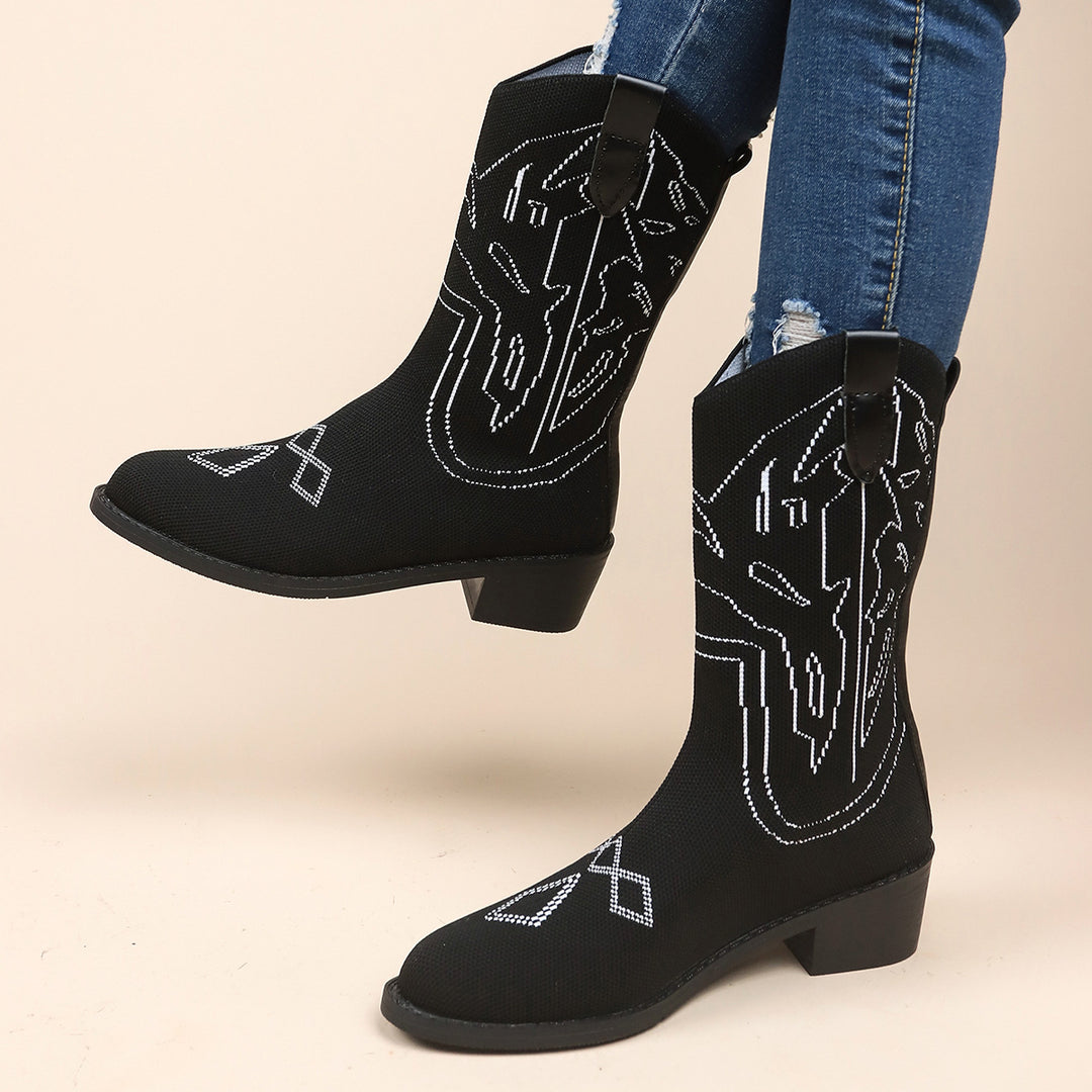 Damen Cowboy-Stiefel mit kunstvollem Stickdesign und robustem Absatz Drune