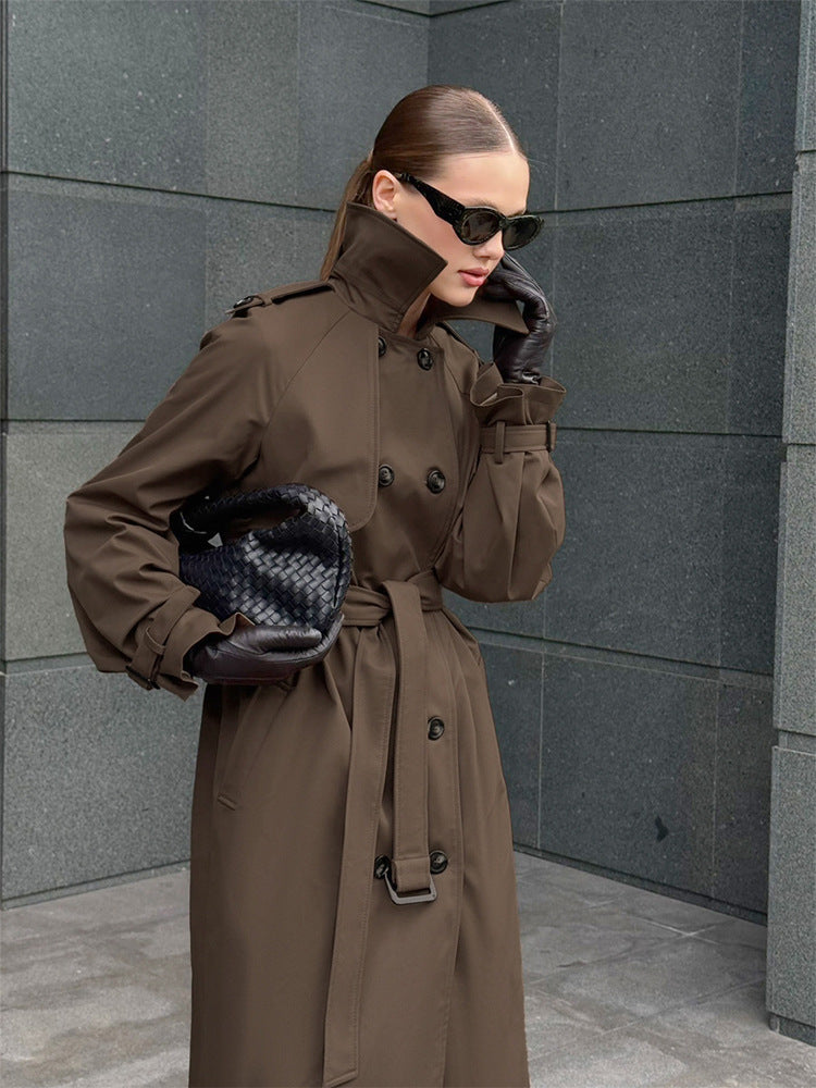 Damen Lang geschnittener wasserabweisender Trenchcoat mit hohem Stehkragen und Taillengürtel Drune