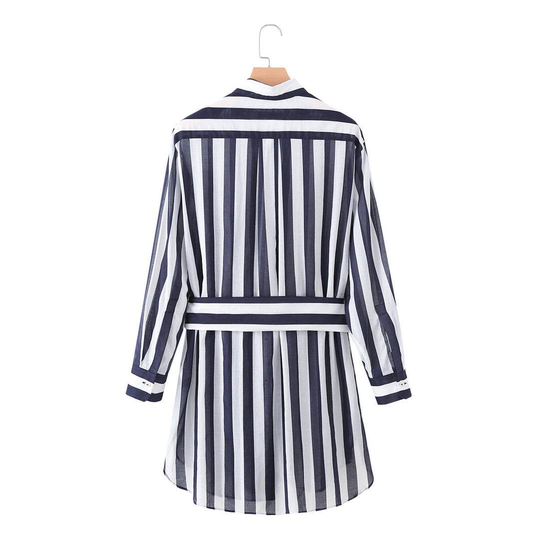 Damen Gestreiftes Hemdblusenkleid mit Taillengürtel und Langarm Drune