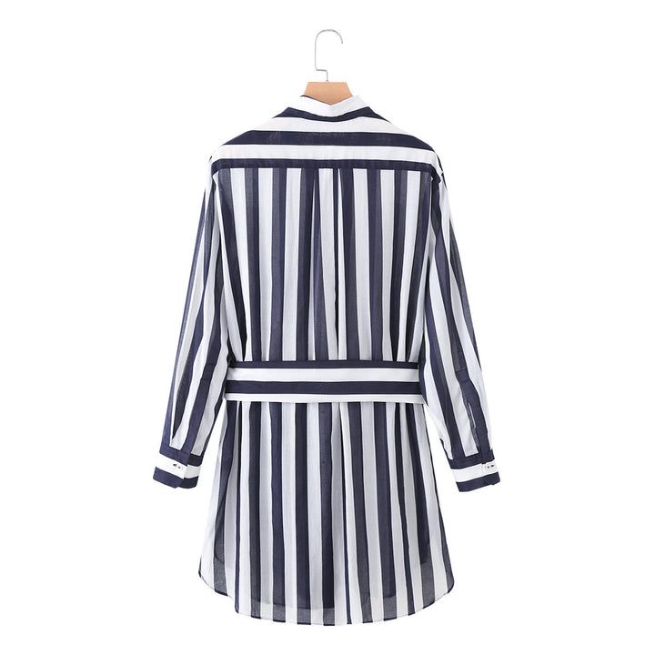 Damen Gestreiftes Hemdblusenkleid mit Taillengürtel und Langarm Drune