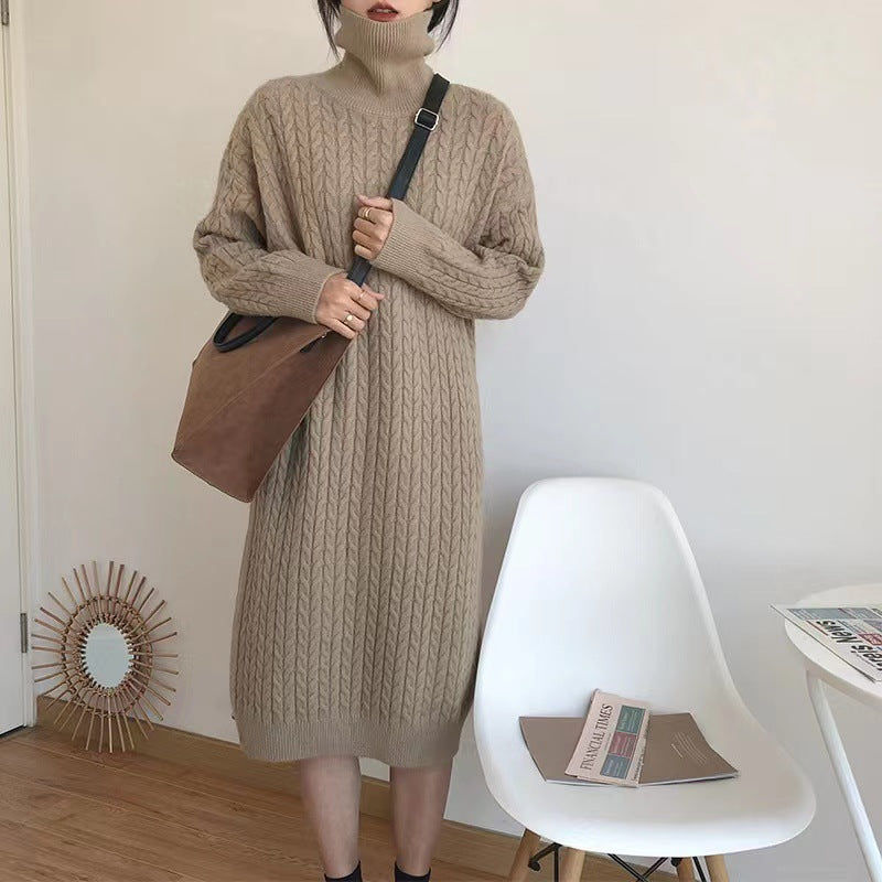 Damen Langes Strickkleid mit Zopfmuster und hohem Kragen Drune
