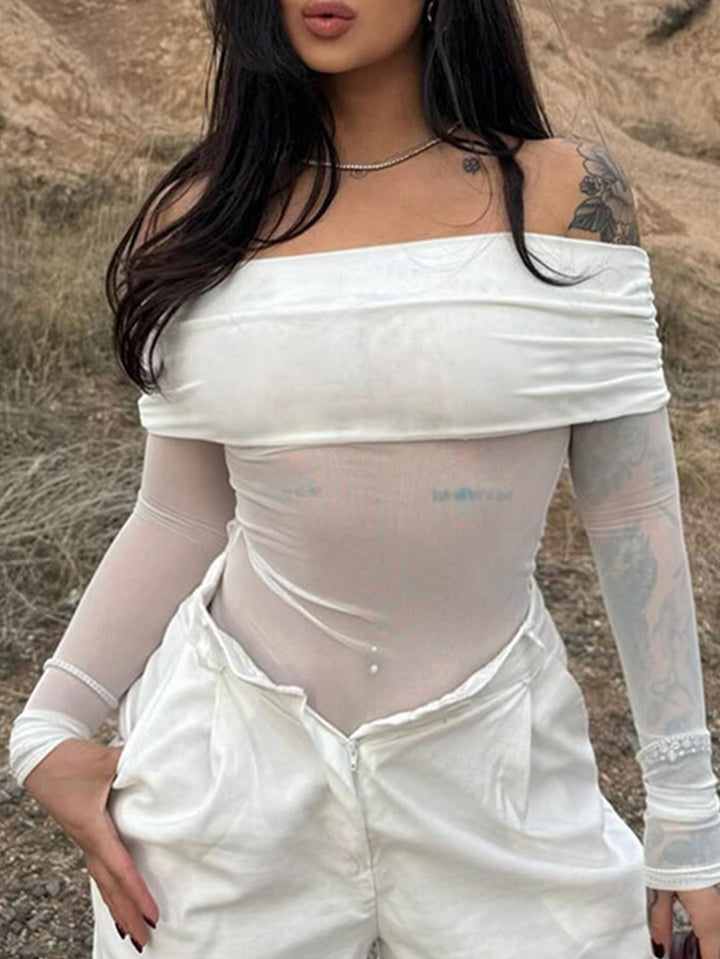 Damen Off-Shoulder Langarmbody mit transparenten Akzenten Drune